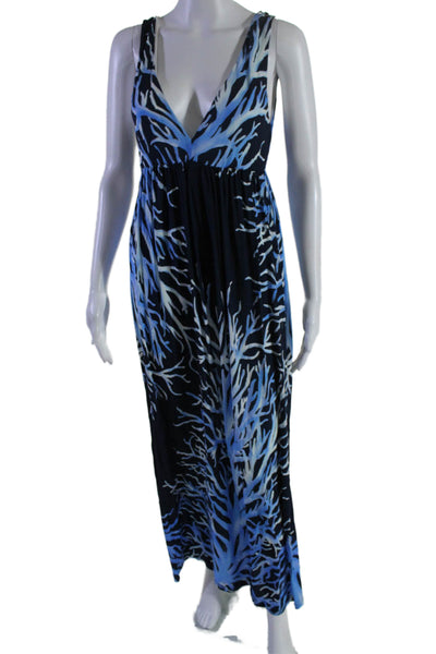 Atlantique Womens Printed V Neck Sleeveless A Line Maxi Dress Navy Blue Size 2