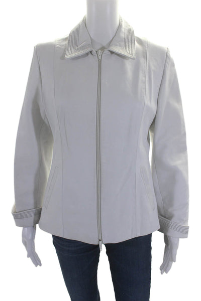 Mitici Anni Go Womens Leather Collared Long Sleeve Zip Up Jacket White Size M