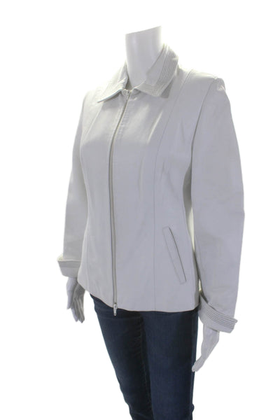 Mitici Anni Go Womens Leather Collared Long Sleeve Zip Up Jacket White Size M