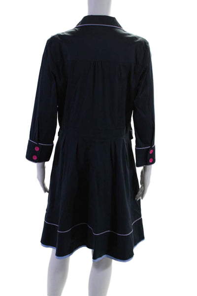 Dovima Womens Long Sleeves Button Down A Line Dress Navy Blue Cotton Size Medium