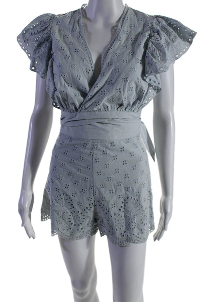 Intermix Women's Wrap Eyelet Ruffle Cropped Two Piece Shorts Set Blue Size 00