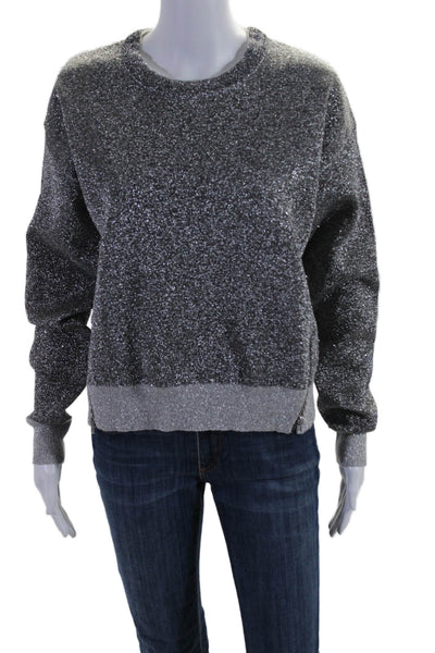 Good American Womens Glittery Silver Cotton Blend Zip Detail Sweater Top Size 2