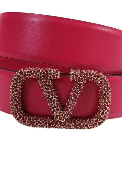 Valentino Garavani Womens Leather Jeweled Logo Buckle Belt Pink Gold Size 30