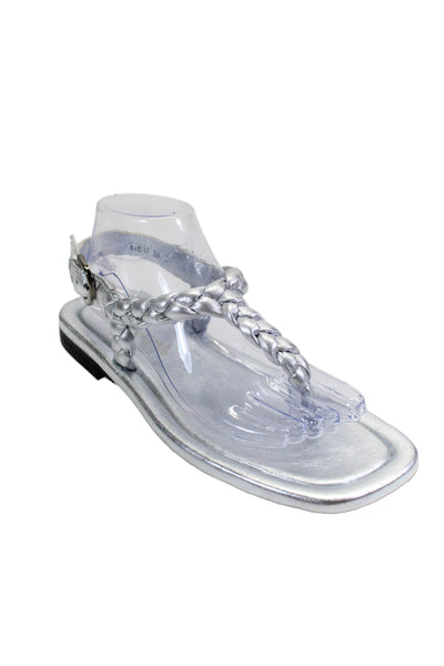 Homers Womens Maya Leather Braided Buckled Metallic Sandals Silver Size 39