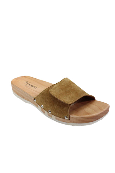 Homers Womens Suede Wooden Studded Hook Pilled Tape Closure Slides Brown Size 41