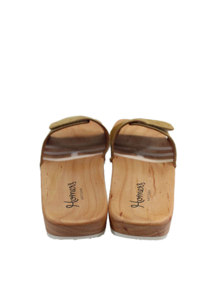 Homers Womens Suede Wooden Studded Hook Pilled Tape Closure Slides Brown Size 41