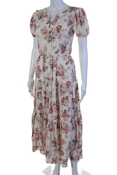 Christy Dawn Womens Short Sleeve Floral Midi Shift Dress White Pink Size XS/S