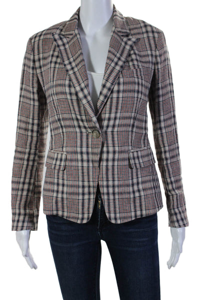 Isabel Marant Etoile Womens One Button Plaid Blazer Jacket White Red Navy FR 34