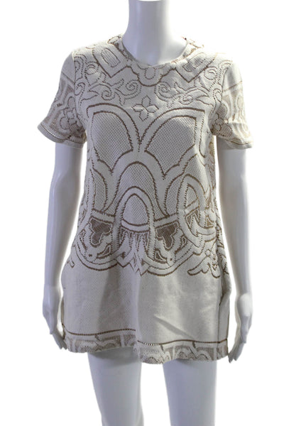 La Double J Womens Zip Up Short Sleeve Lacey Mini Swing Dress White Brown Small