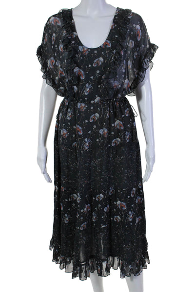 Ulla Johnson Womens Silk Floral Print Ruffled Tied Midi Shift Dress Black Size 8