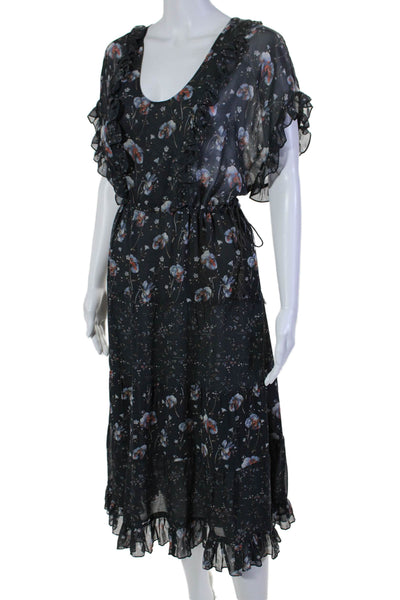 Ulla Johnson Womens Silk Floral Print Ruffled Tied Midi Shift Dress Black Size 8