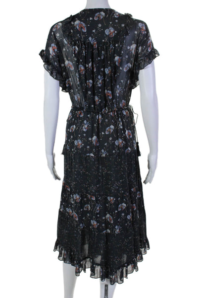 Ulla Johnson Womens Silk Floral Print Ruffled Tied Midi Shift Dress Black Size 8