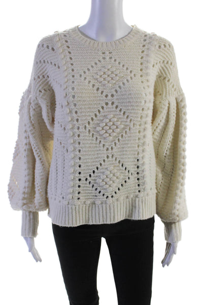 Intermix Womens Wool Round Neck Knitted Balloon Sleeve Sweater White Size S