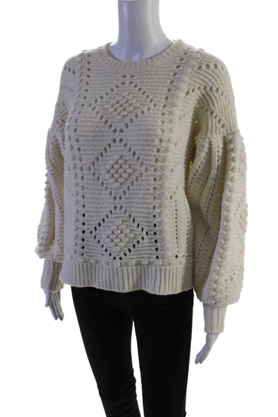 Intermix Womens Wool Round Neck Knitted Balloon Sleeve Sweater White Size S