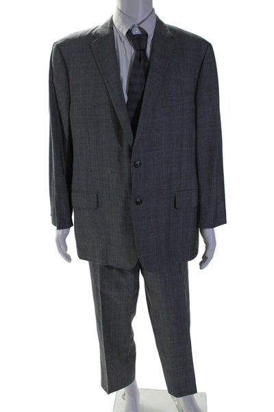 Hickey Freeman Mens Wool Plaid Long Sleeve Buttoned Collared Suit Gray Size 46R