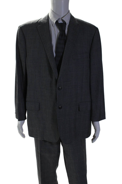 Hickey Freeman Mens Wool Plaid Long Sleeve Buttoned Collared Suit Gray Size 46R