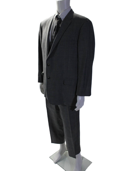 Hickey Freeman Mens Wool Plaid Long Sleeve Buttoned Collared Suit Gray Size 46R