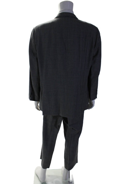 Hickey Freeman Mens Wool Plaid Long Sleeve Buttoned Collared Suit Gray Size 46R