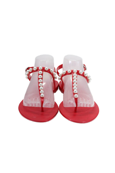 Stuart Weitzman Womens Faux Pearl Accent Ankle Buckle Thong Sandals Red Size 9