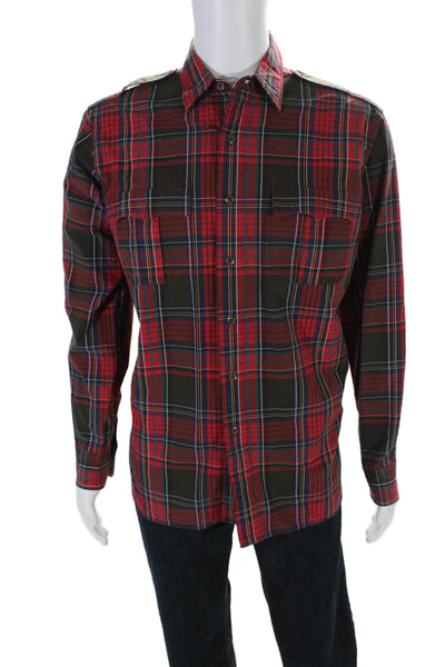 Polo Ralph Lauren Mens Textured Collar Long Sleeve Plaid Button Up Top Red Size