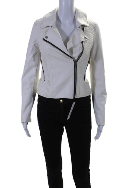 BLANKNYC Womens Vegan Leather Collared Two Pocket Zip Up Jacket White Size S