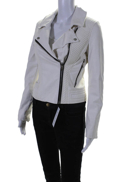 BLANKNYC Womens Vegan Leather Collared Two Pocket Zip Up Jacket White Size S