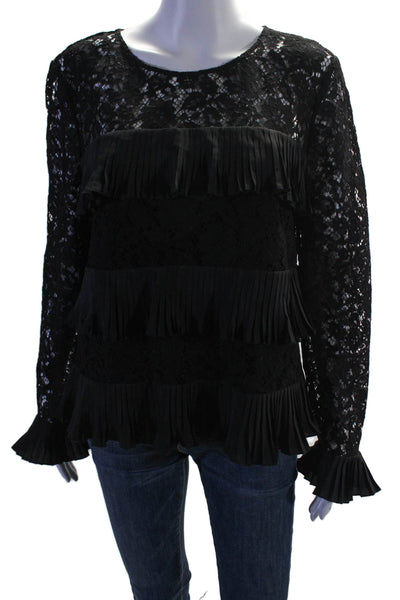 J Crew Womens Lace Pleated Detail Tiered Long Sleeves Blouse Black Size 12