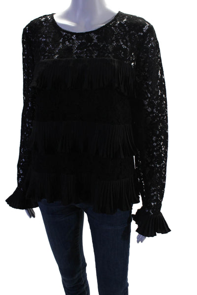 J Crew Womens Lace Pleated Detail Tiered Long Sleeves Blouse Black Size 12