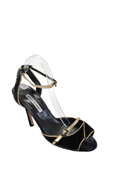 Manolo Blahnik Womens Velvet Ankle Strap Sandal Heels Black Gold Size 41.5 11.5