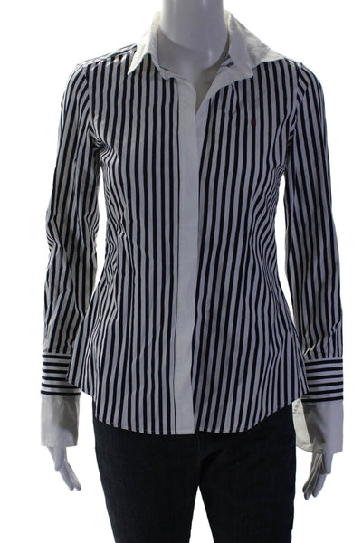 Carolina Herrera Womens Cotton Collared Long Sleeve Stripe Blouse White Size 2