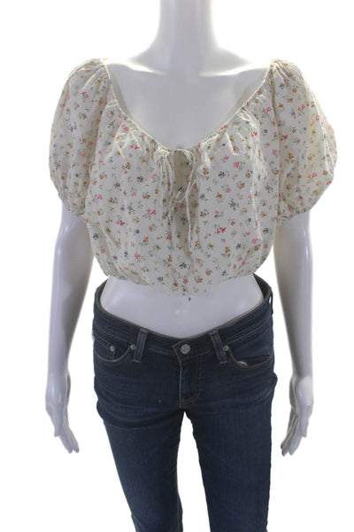 Doen Womens Short Sleeve Keyhole Floral Crop Top White Cotton Size Small