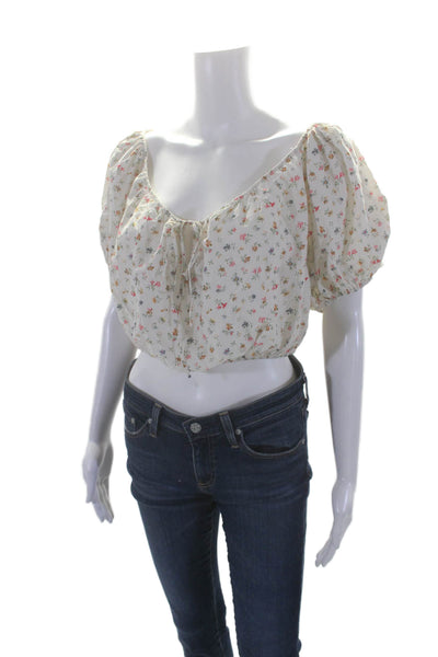 Doen Womens Short Sleeve Keyhole Floral Crop Top White Cotton Size Small