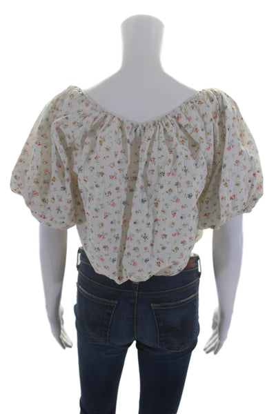 Doen Womens Short Sleeve Keyhole Floral Crop Top White Cotton Size Small