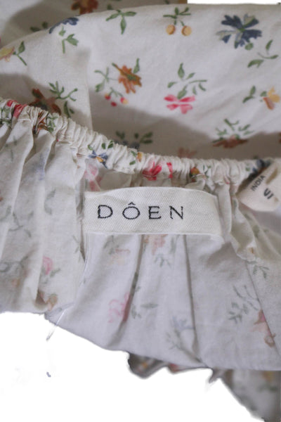 Doen Womens Short Sleeve Keyhole Floral Crop Top White Cotton Size Small