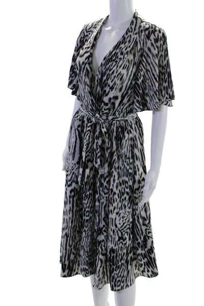 Rachel Roy Womens Animal Print Button Down Belted Dress White Black Size Large