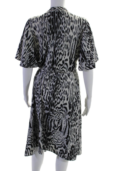 Rachel Roy Womens Animal Print Button Down Belted Dress White Black Size Large