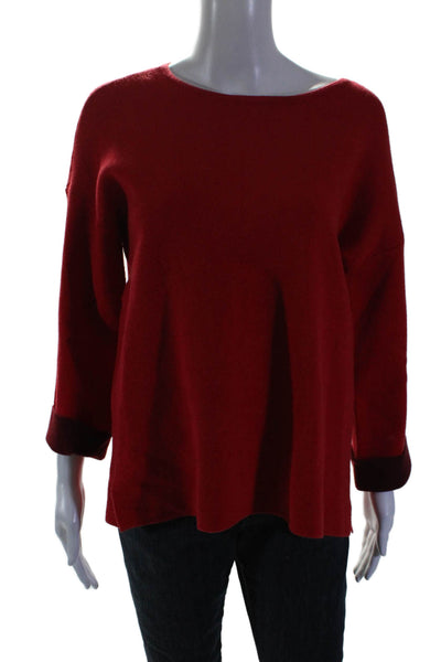 Tahari Womens Red Crew Neck Zip Back Long Sleeve Sweater Top Size M