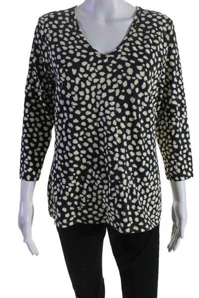 J. Mclaughlin Womens 3/4 Sleeve V Neck Knit Spotted Shirt Top Black White Large