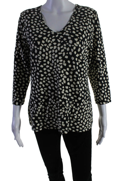 J. Mclaughlin Womens 3/4 Sleeve V Neck Knit Spotted Shirt Top Black White Large