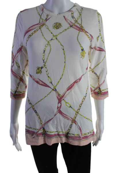 Barbara Gerwit Womens 3/4 Sleeve Round Neck Abstract Shirt White Pink Size M