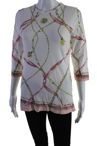 Barbara Gerwit Womens 3/4 Sleeve Round Neck Abstract Shirt White Pink Size M