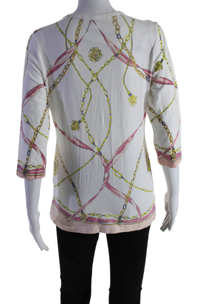 Barbara Gerwit Womens 3/4 Sleeve Round Neck Abstract Shirt White Pink Size M