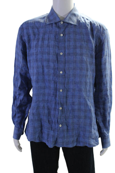 Luciano Barbera Mens Linen Plaid Button Down Shirt Blue Size Extra Extra Large