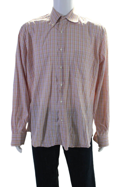 Loro Piana Mens Plaid Button Down Dress Shirt Orange Pink Cotton Size 45 18