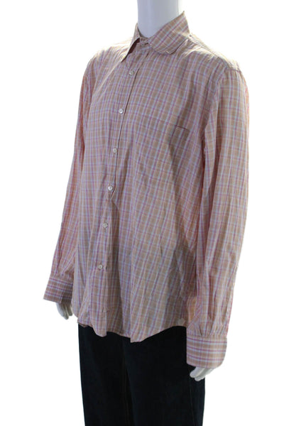 Loro Piana Mens Plaid Button Down Dress Shirt Orange Pink Cotton Size 45 18