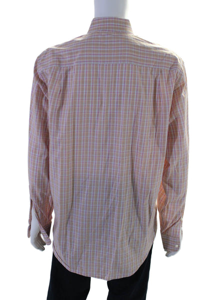 Loro Piana Mens Plaid Button Down Dress Shirt Orange Pink Cotton Size 45 18