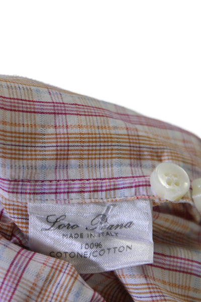 Loro Piana Mens Plaid Button Down Dress Shirt Orange Pink Cotton Size 45 18