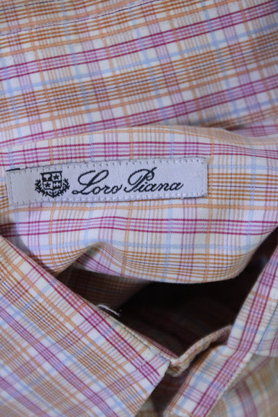 Loro Piana Mens Plaid Button Down Dress Shirt Orange Pink Cotton Size 45 18