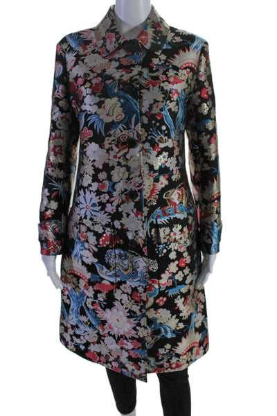 Christian Dior Womens Black Floral Printed Silk Lining Long Sleeve Coat Size M