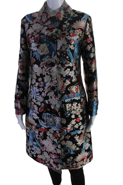 Christian Dior Womens Black Floral Printed Silk Lining Long Sleeve Coat Size M